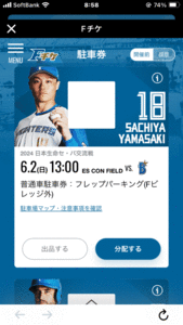 6月2日（日）エスコンフィールド 　普通車駐車券　フレップパーキング（Fビレッジ外）