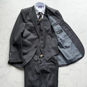 C139 美品!! DORMEUIL AMADEUS ドーメル 社 アマデウス 艶感 チェック 3ピース スリーピース スーツ セットアップ 通年 グレー 灰 M〜L位