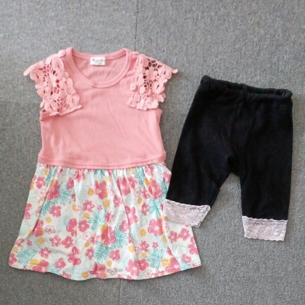 MialyMailの花柄ワンピース＆レース付きスパッツの2点セット　キッズ100サイズ　子供服女の子　まとめ売り