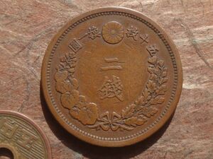  Japan old coin 2 sen copper coin Meiji 9 year (1876 year ) (31.8mm, 14.1g)