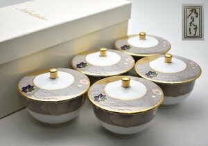 竜B969◆未使用品 Noritake ノリタケ 乃りたけ 金彩春秋図 蓋付 湯呑 茶碗 茶器 汲出 5客 番茶