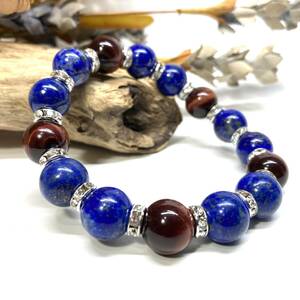 Lapis lazuli &amp; Red Tiger Eye Power Stone Bracelet Натуральное камень дыхание (серебро) 12 мм удачи мужчины ★