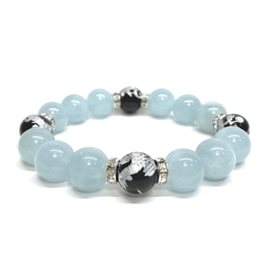  four god . silver carving onyx × aquamarine 12mm Power Stone bracele natural stone blue dragon white ....... rise better fortune luck with money amulet four god corresponding S