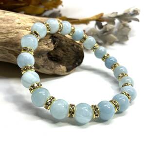  aquamarine Power Stone bracele 8mm natural stone breath ( Gold ) / better fortune .. effect lady's mail order 3 month birthstone blue 