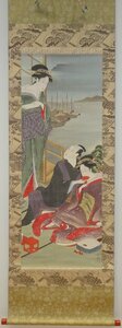 Art hand Auction rarebookkyoto YU-149 하루마사: 궁궐의 술자리에서 아름다운 여인의 초상, 채색된 비단책, 1800년경에 만들어짐, 교토 골동품, 그림, 일본화, 풍경, 바람과 달