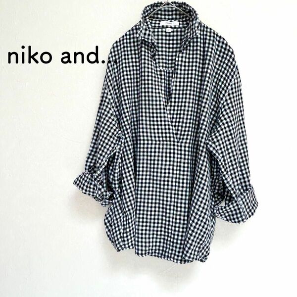 美品★ niko and... ニコアンド ギンガムチェック スキッパーシャツ 綿麻 コットンリネン 