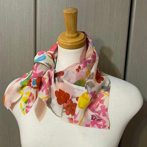 希少デザイン　Dior ディオール　シルク×メッシュ　異素材切替　ビタミンカラー　カラフル　花柄　スカーフ 