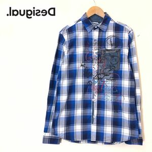 G267-F◆ Desigual MAN デシグアル 長袖チェックシャツ デザイン プリント 刺繍 ◆ sizeS コットン100 ブルー 古着 メンズ 春