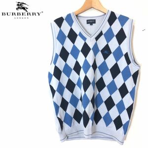 A2687-F-S* BURBERRY GOLF Burberry Golf a-ga il вязаный лучший свитер * sizeL шерсть 100 голубой б/у одежда мужской 