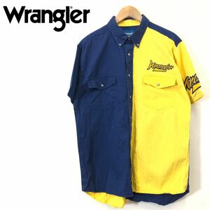 A2654-F-N◆ old ◆ Wrangler ラングラー 半袖ウエスタンシャツ ロゴ トップス ◆ コットン ネイビー イエロー 古着 メンズ 春夏