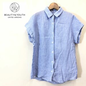 A2650-F-N◆ beauty＆youth ビューティーアンドユース リネンシャツ ブラウス ストライプ ◆ sizeS 麻100 ブルー 古着 レディース 春夏