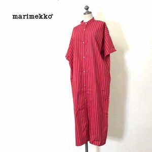 G215-N◆old◆ Marimekko マリメッコ 半袖ワンピース ロング丈 身幅広め レディース ◆ sizeM レッド ピンク ストライプ コットン