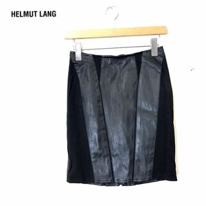 G88-D◆ HELMUT LANG ヘルムートラング レザー切替 スカート 膝上 レディース ◆ size4 ブラック 黒 ラムレザー レーヨン