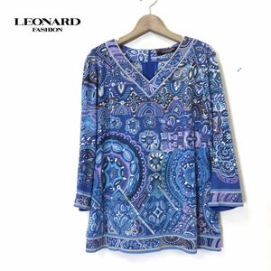 G85-D-S◆ LEONARD レオナール 長袖カットソー Vネック 滑らか トップス レディース ◆ size40 ブルー系 マルチ 総柄 コットン プリント