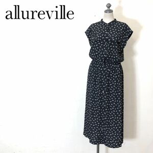 G382-U-N◆allureville アルアバイル ロングワンピース 足首丈 フレンチスリーブ バンドカラー 小花柄 フェミニン◆size2 黒 ポリエステル