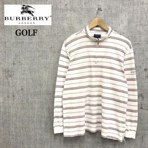 G19-U-S◆BURBERRY GOLF バーバリーゴルフ Tシャツ 長袖 スタンドカラー ハーフジップ ボーダー柄 カジュアル◆size LL ホワイト レッド 綿