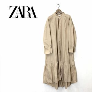 G339-O◆美品◆ ZARA ザラ ロングワンピース フリル フレア スタンドカラー 長袖◆sizeS コットン ベージュ