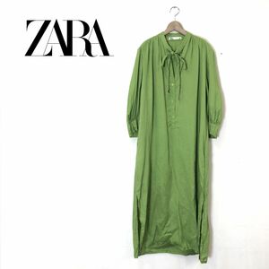 G324-O-N◆良品◆ ZARA ザラ リネンワンピース シャツ スタンドカラー リボン ロング 長袖◆sizeL 麻 グリ―ン