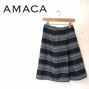 G370-G◆美品◆amaca アマカ フレアスカート◆size36 日本製 ブラック ホワイト 模様 柄 レディース ボトムス 膝丈 チャック カジュアル