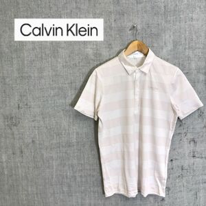 G195-G◆美品◆CalvinKlein カルバンクライン ポロシャツ◆sizeM 綿100% ベージュ ボーダー メンズ トップス 半袖 カジュアル ワンポイント