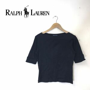 G182-G◆ ralph lauren ラルフローレン カットソー◆sizeM 綿100% 日本製 ブラック レディース トップス 長袖 七分袖 シンプル カジュアル