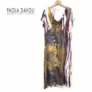 G133-J◆イタリア製 PAOLA DAVOLI パオラダヴォリ 総柄半袖ロングワンピース◆サイズXL レディース ドレープデザイン 春夏 個性派ワンピ