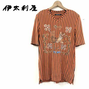 A2727-J-S◆伊太利屋 イタリヤ デザイン半袖Tシャツ◆オレンジ×ブラウン ストライプ FREE レディース カットソー トップス アニマル 動物