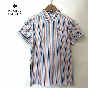 G12-W-S◆PEARLY GATES パーリーゲイツ 半袖シャツ プルオーバー ボタンダウン ストライプ レディース ゴルフ◆size:2 マルチカラー 綿100