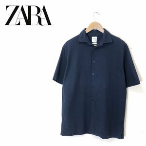 G632-U◆ZARA ザラ シャツ 半袖 無地 シンプル ふくれジャガード きれいめカジュアル 合わせやすい メンズ 紳士◆size M ネイビー コットン