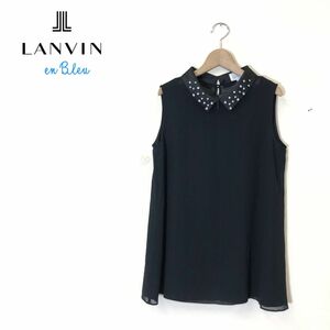 G440-U-S◆LANVIN en Bleu ランバンオンブルー ブラウス ノースリーブ 襟付き ビジュー シフォン素材 フェミニン◆size38 黒 ポリエステル