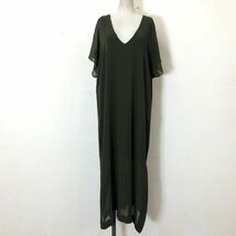 G1006-O◆美品◆ ZARA ザラ ロングワンピース シアー シースルー 半袖 スリット Vネック◆sizeL グリーン カーキ_画像2