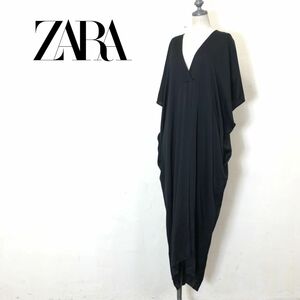 G1005-O◆良品◆ ZARA ザラ ロングワンピース Vネック 半袖 とろみ◆sizeM ブラック 黒