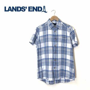 G911-O-N◆ LAND'S END ランズエンド ボタンダウンシャツ 半袖 リネン チェック トップス◆sizeM 麻 コットン ブルー