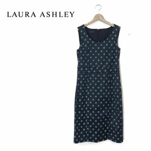 G907-O◆美品◆ Laura Ashley ローラアシュレイ ノースリーブワンピース 総柄 ミディ丈◆size11 コットン ネイビー