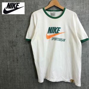 G869-F◆ old ◆ NIKE ナイキ リンガーTシャツ 半袖カットソー ロゴプリント ◆ sizeL コットン100 ホワイト グリーン 古着 メンズ 春夏