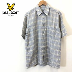 G855-F◆ 美品 ◆ LYLE＆SCOTT ライルアンドスコット 半袖シャツ チェック 総柄 ◆ sizeL ウール100 グレー ベージュ 古着 メンズ 春夏