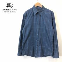 G642-F-N◆ BURBERRY BLACK LABEL バーバリーブラックレーベル 長袖シャツ チェック 総柄 ◆ size3 コットン100 ネイビー 古着 メンズ 春_画像1