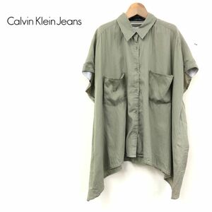 G459-J◆Calvin Klein jeans カルバンクラインジーンズ フレンチスリーブシャツ◆カーキ サイズM レディース 羽織り ブラウス 春夏