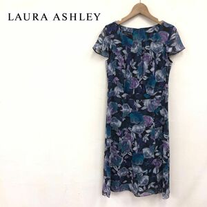 G1155-K-N◆LAURA ASHLEY ローラアシュレイ 半袖花柄ワンピース◆size7 ブラック シフォン 透け感 ボートネック 膝丈 薄手 キレイめ