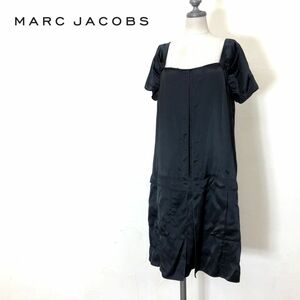 G1640-O◆良品◆USA製◆ MARC JACOBS マークジェイコブス ワンピース 光沢 半袖 フレア 膝丈◆size4 レーヨン シルク ブラック 黒