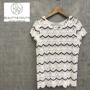 G1397-R◆日本製 BEAUTY & YOUTH UNITED ARROWS レースデザイン半袖トップス◆レディース 春夏 ニット 綿100% 透け感 涼しげ