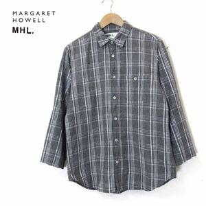 G1453-D* superior article * MHL. Margaret Howell cotton Blend linen shirt easy tops * sizeL gray series check flax cotton 