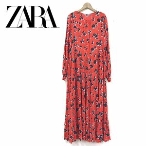 G1383-R◆ZARA ザラ 総柄ロングワンピース◆サイズM レディース 婦人 薄手 長袖 ティアード ドレス 切り替え マキシ丈 花柄 レッド