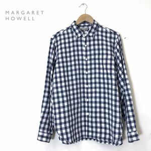 G1451-D* прекрасный товар * MARGARET HOWELL Margaret * Howell чистый linen рубашка длинный рукав tops * sizeL темно-синий голубой проверка лен 