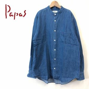 G1346-F◆ 良品 ◆ Papas パパス 長袖 デニムバンドカラーシャツ トップス ◆ sizeL コットン100 インディゴ 古着 メンズ 春