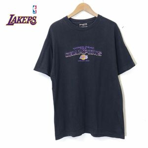 G1266-N◆old◆ LAKERS レイカーズ 半袖Tシャツ カットソー ロゴ刺繍 バスケ NBA ◆ sizeL ブラック 黒 コットン100 古着