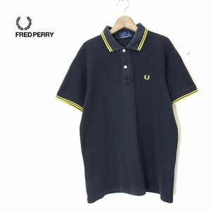 G1265-N*old* FRED PERRY Fred Perry рубашка-поло с коротким рукавом 2B Logo вышивка * sizeL черный желтый хлопок 100 олень .