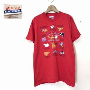 G1261-N◆old◆ HANES ヘインズ 半袖Tシャツ カットソー ALASKA ANIMAL プリント 古着 ◆size youthL レッド 赤 コットン100 キッズ