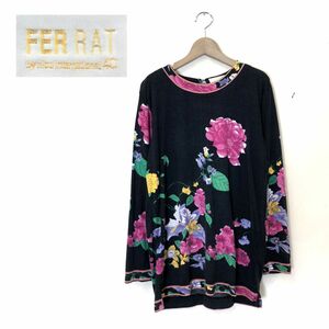 G2151-O-N◆フランス製◆ FER RAT 長袖カットソー 総柄 花柄 Tシャツ トップス◆レーヨン ブラック 黒