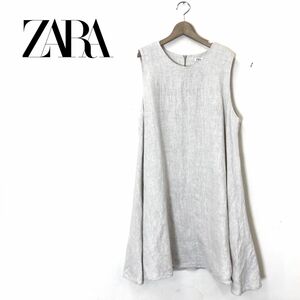 G2142-O-N◆ ZARA ザラ ノースリーブワンピース フレア リネン 膝丈◆sizeL 麻 ベージュ